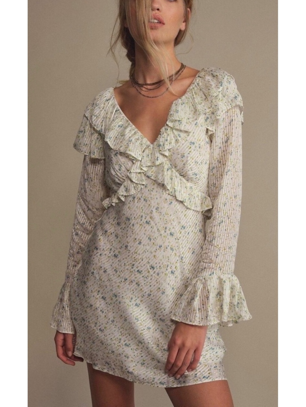 Free People Sweetest Thing Ivory Floral Ruffle Mini Dress Size 6